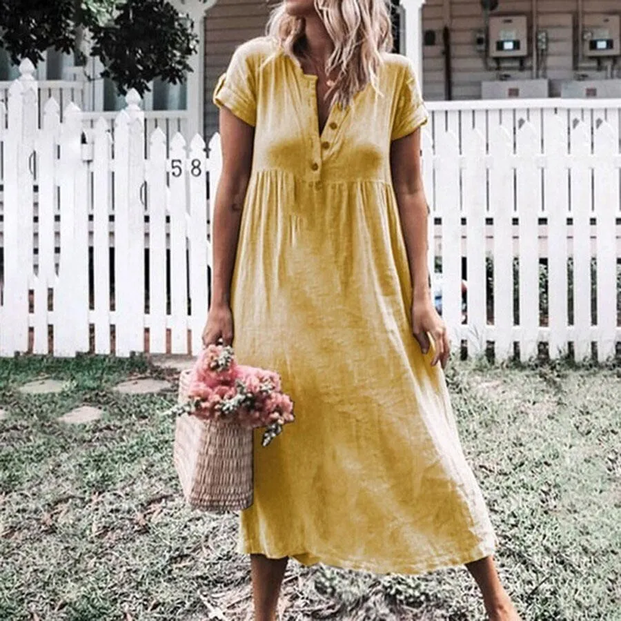 Klassisches Midikleid mit Knopfleiste: A-Linien-Silhouette, Kurze Ärmel