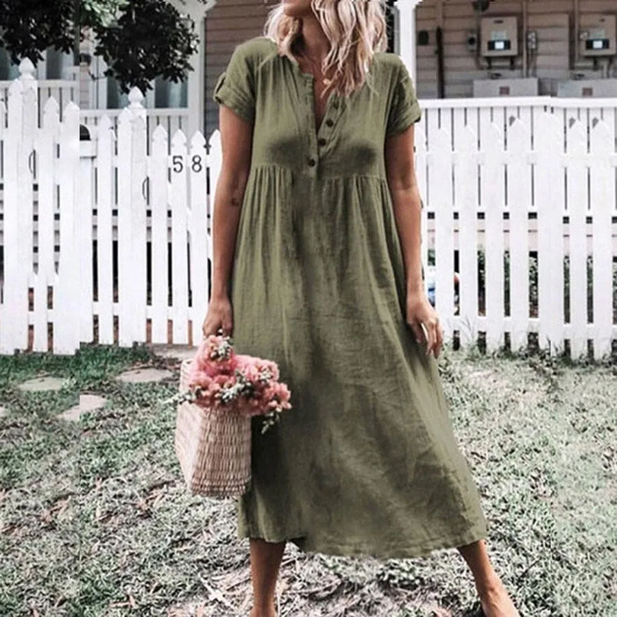 Klassisches Midikleid mit Knopfleiste: A-Linien-Silhouette, Kurze Ärmel