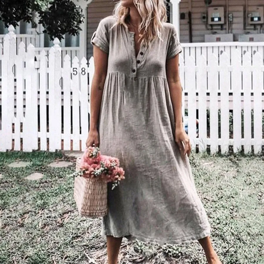 Klassisches Midikleid mit Knopfleiste: A-Linien-Silhouette, Kurze Ärmel