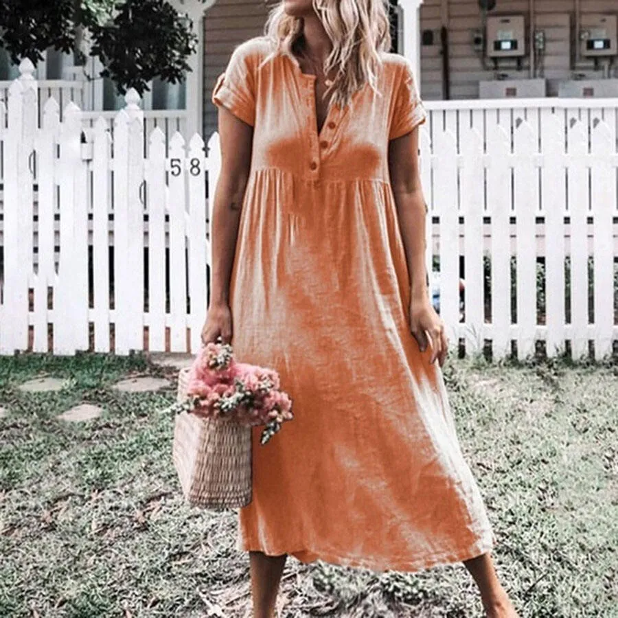 Klassisches Midikleid mit Knopfleiste: A-Linien-Silhouette, Kurze Ärmel