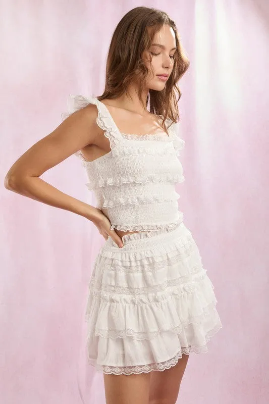 Lace Trim With Ruffle Detail Solid Mini Skirt