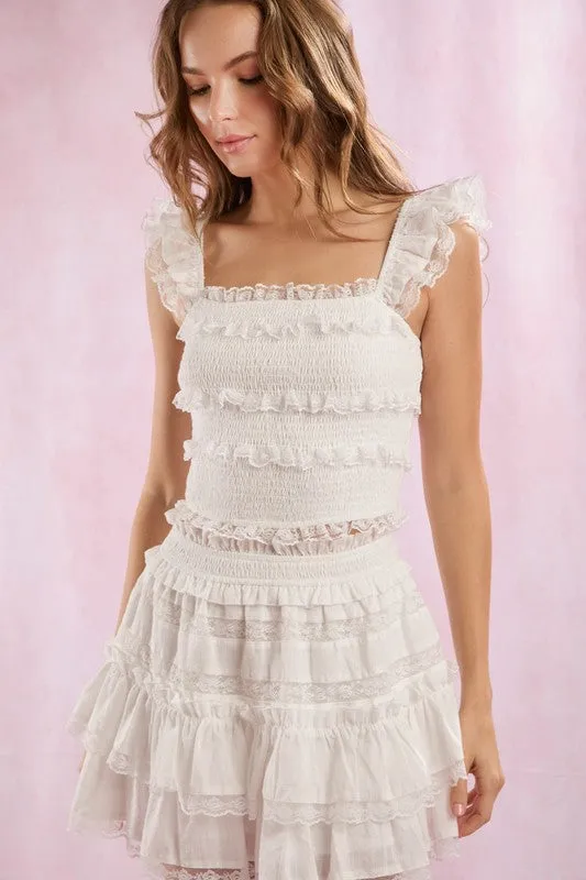 Lace Trim With Ruffle Detail Solid Mini Skirt