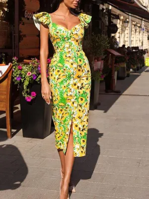 Ladies Printed Dress Single Breasted Sexy Slim Bag Hip Pouch Dress