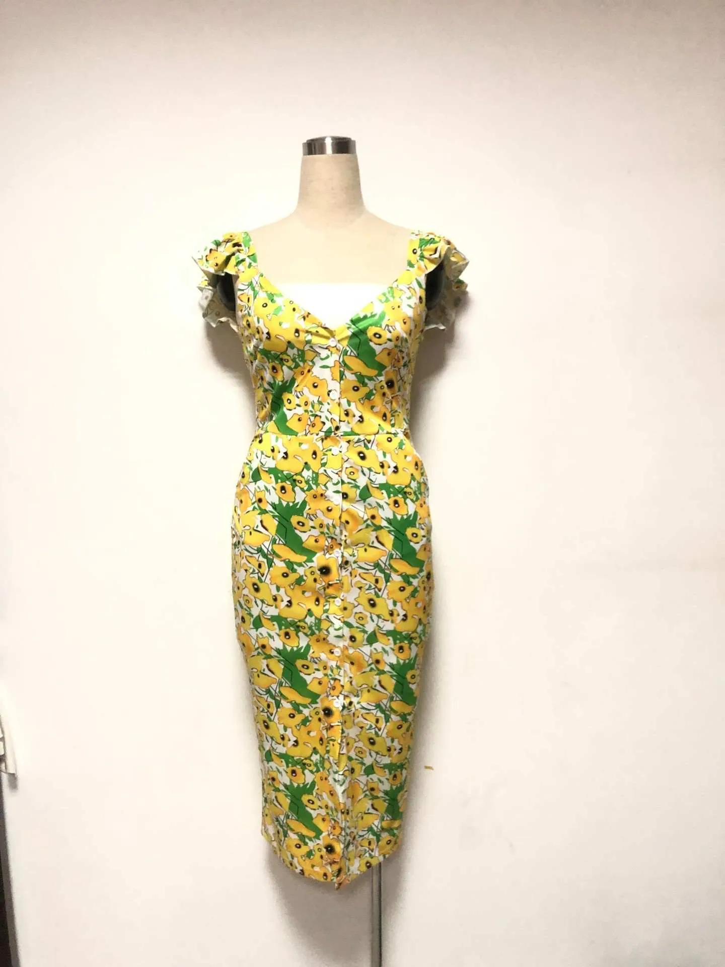 Ladies Printed Dress Single Breasted Sexy Slim Bag Hip Pouch Dress