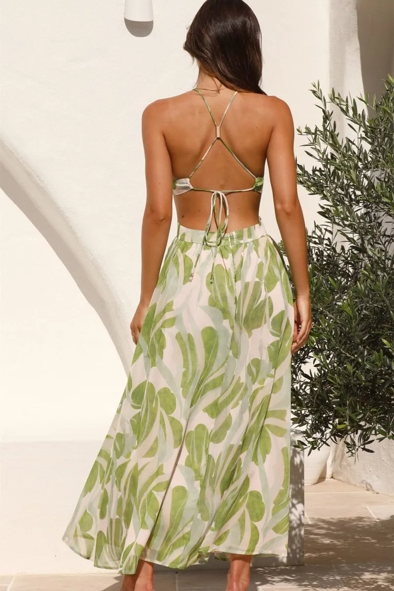 Leaf Print Halter Maxi Dress with Cutouts