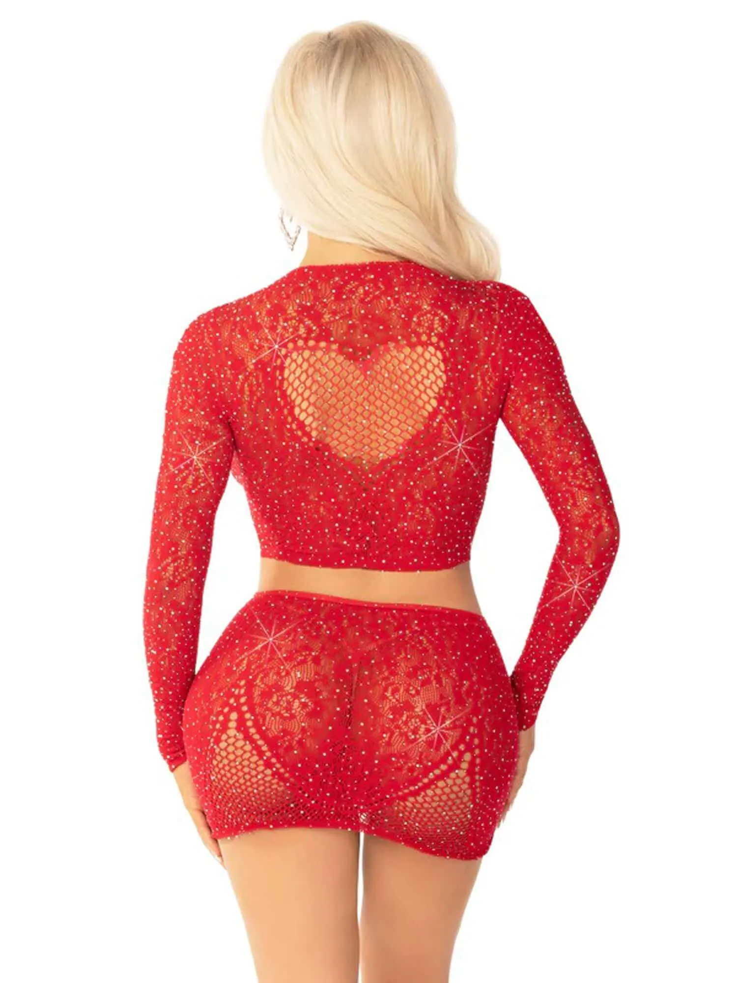 Leg Avenue Red 2pc Rhinestone Lace and Net Crop Top With -  Heart Keyhole Mini Skirt - Os