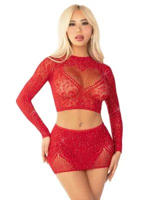 Leg Avenue Red 2pc Rhinestone Lace and Net Crop Top With -  Heart Keyhole Mini Skirt - Os