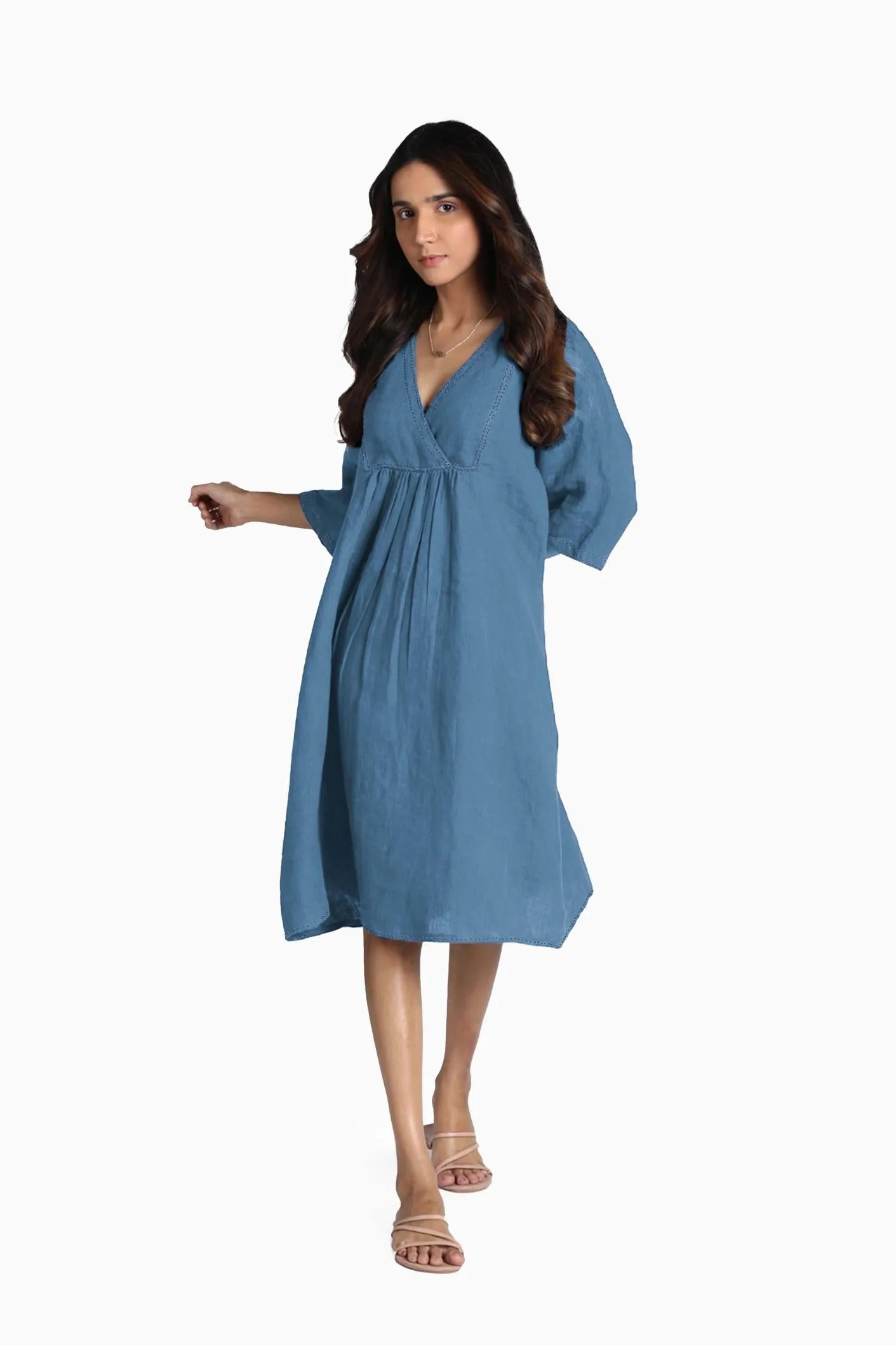 Linen Claire Midi Dress-Stormy Blue