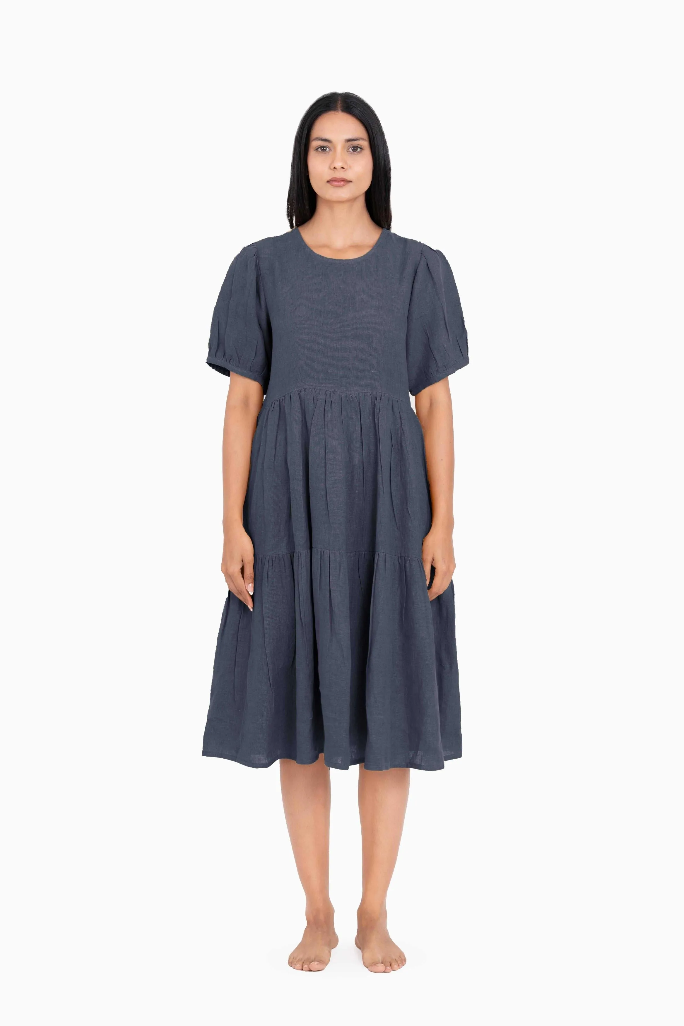 Linen Elvira Dress-Midnight Green