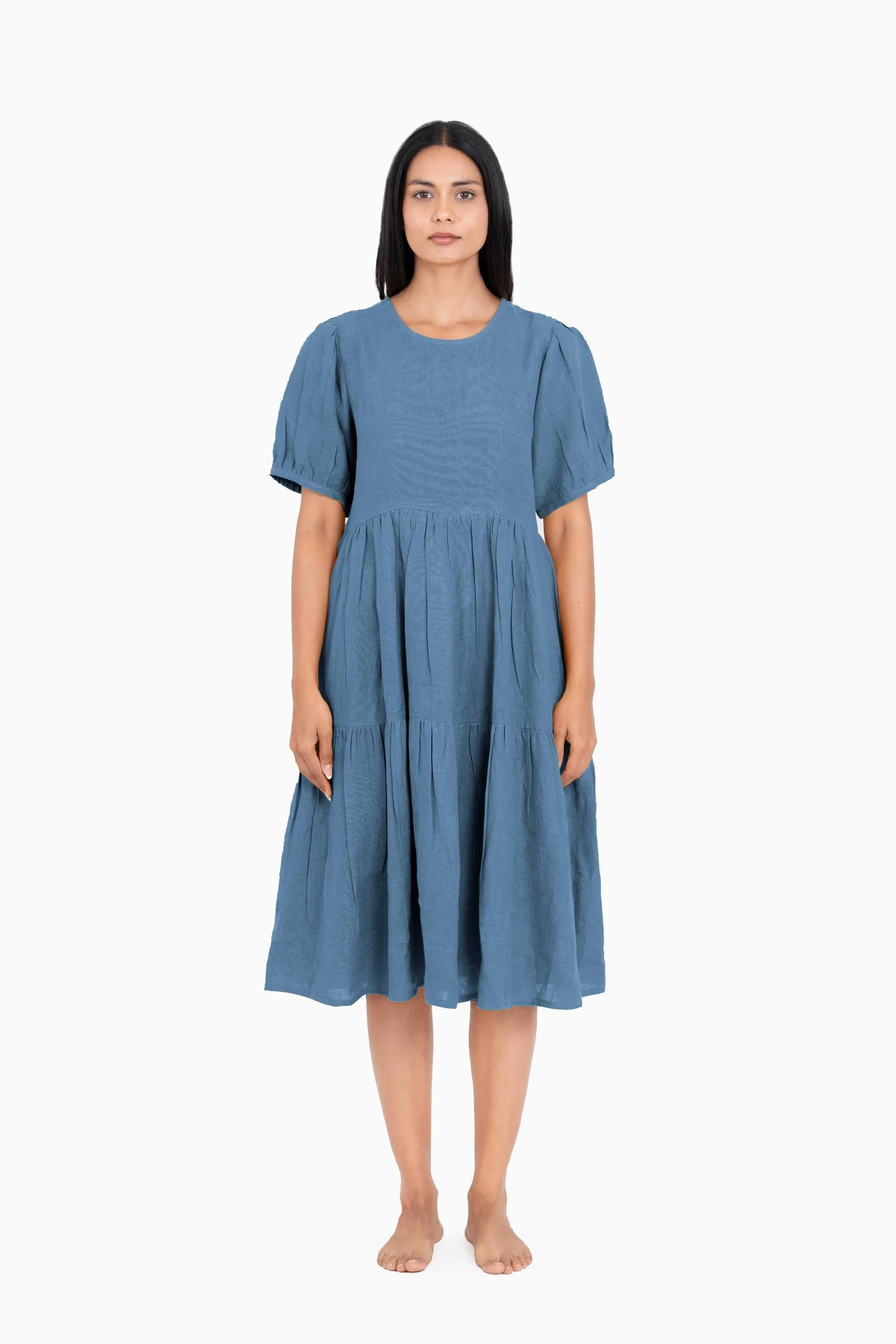 Linen Elvira Dress-Midnight Green