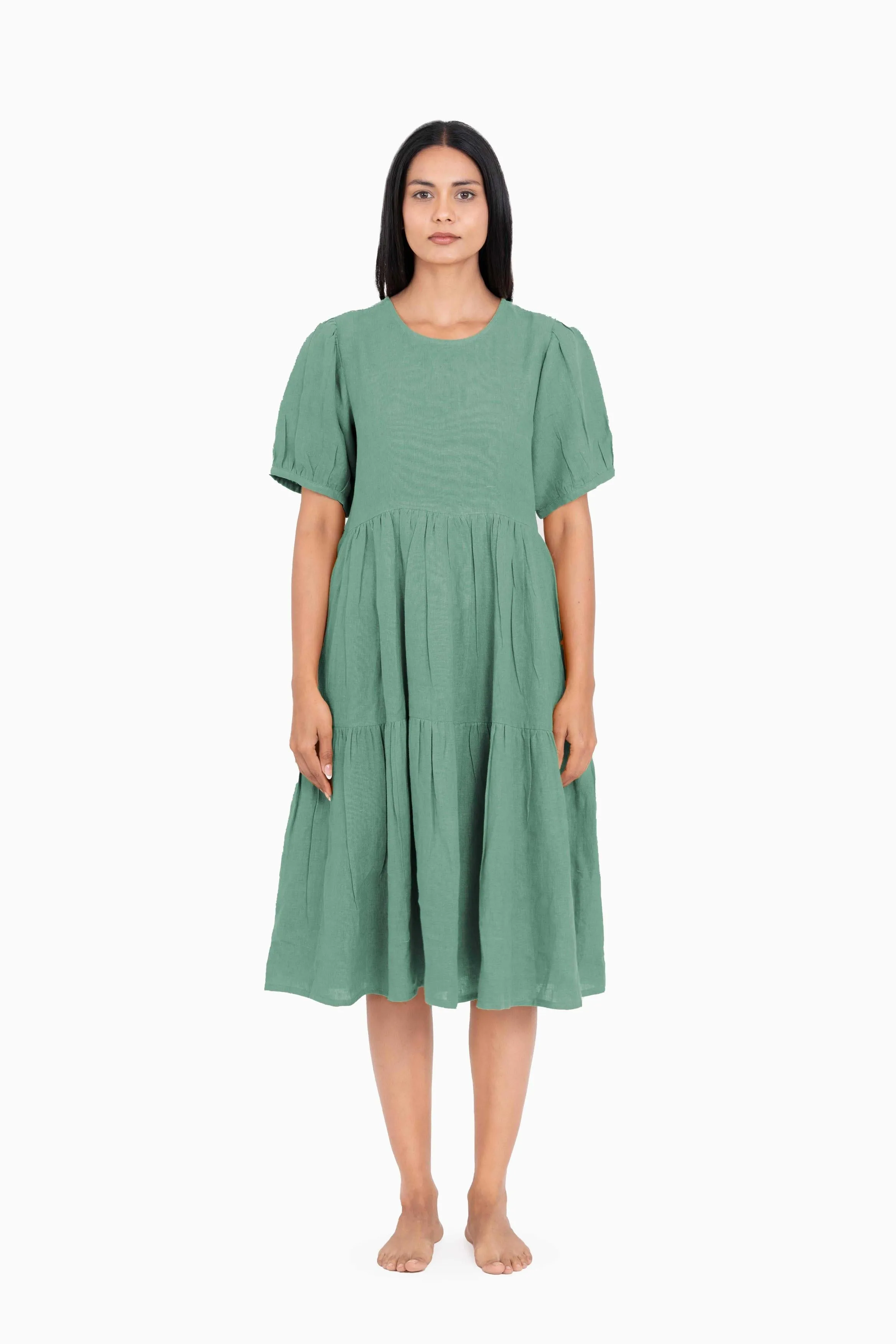 Linen Elvira Dress-Midnight Green