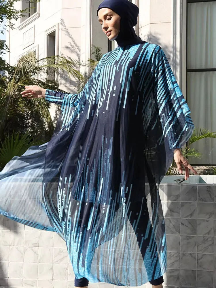 Long Sleeve Full Cover Hijab Flower Dress Top Swim Pants
