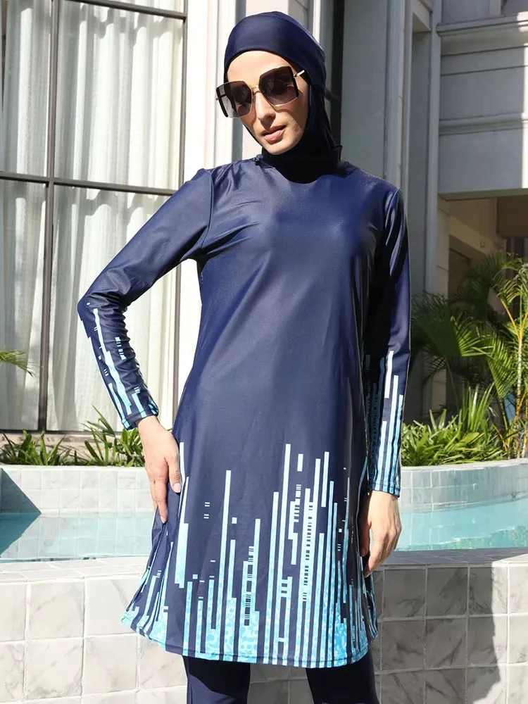 Long Sleeve Full Cover Hijab Flower Dress Top Swim Pants