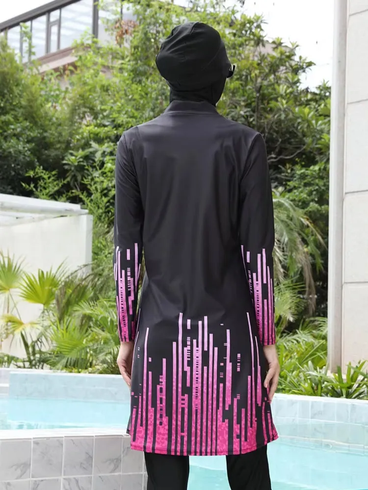 Long Sleeve Full Cover Hijab Flower Dress Top Swim Pants