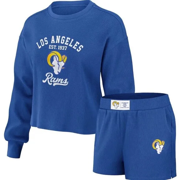Los Angeles Rams Waffle Knit Pajama Lounge Set Long Sleeve Shirt &amp; Shorts