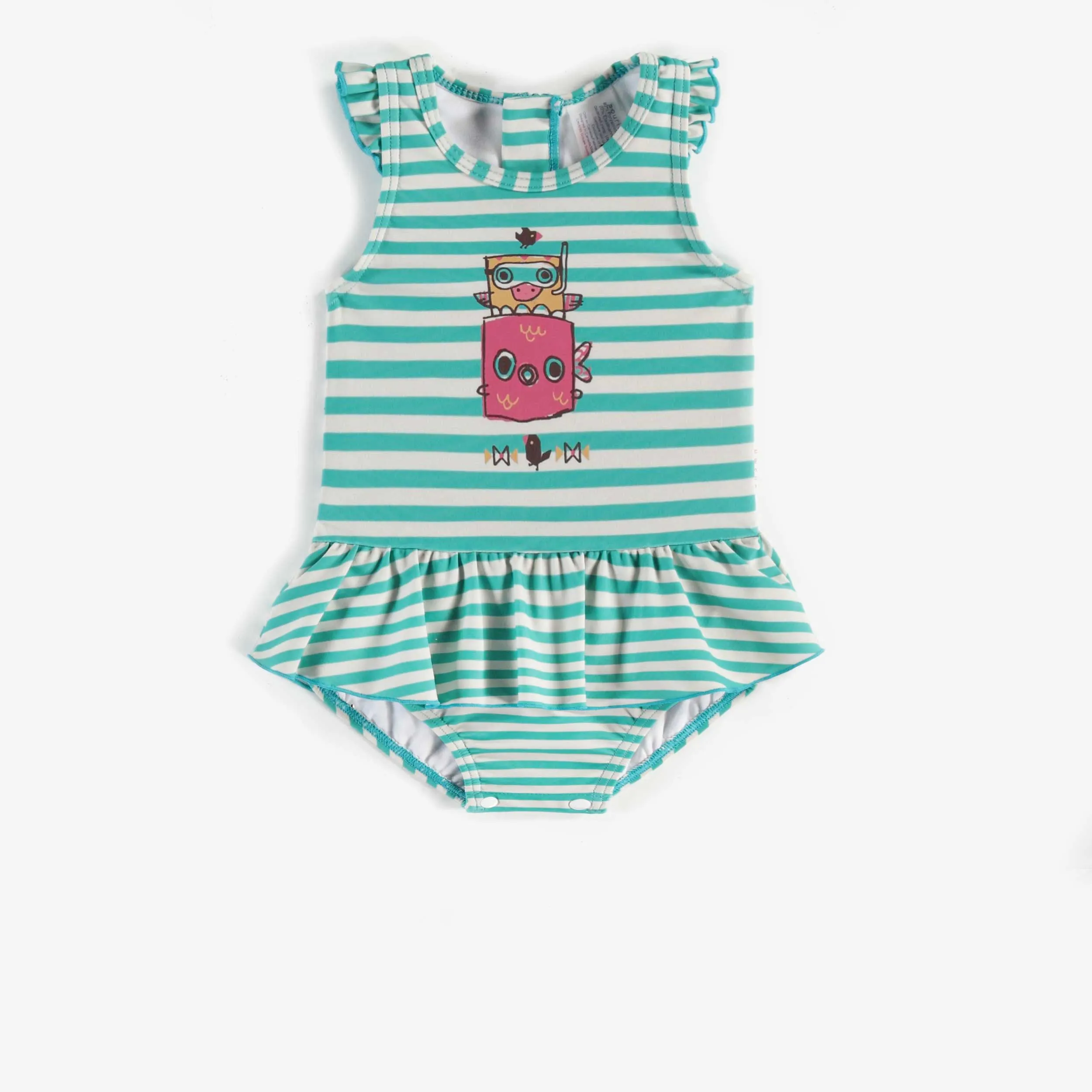 Maillot une-pièce ligné turquoise avec jupette, bébé  || Turquoise one-piece swimsuit with skirt, baby