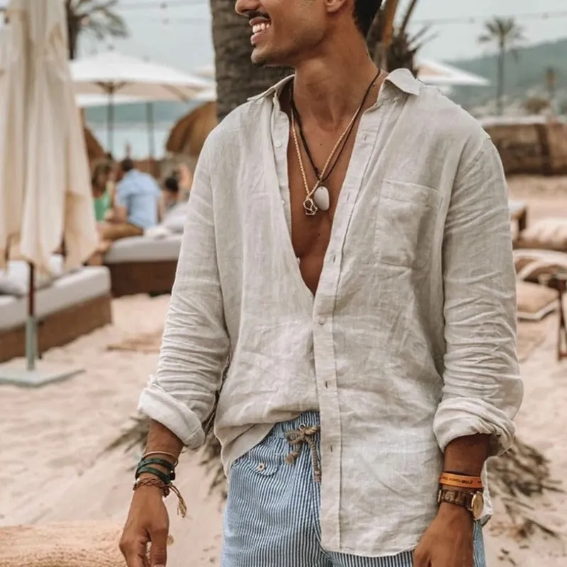 Men's Long Sleeve Linen Beach Shirt for Casual Wear