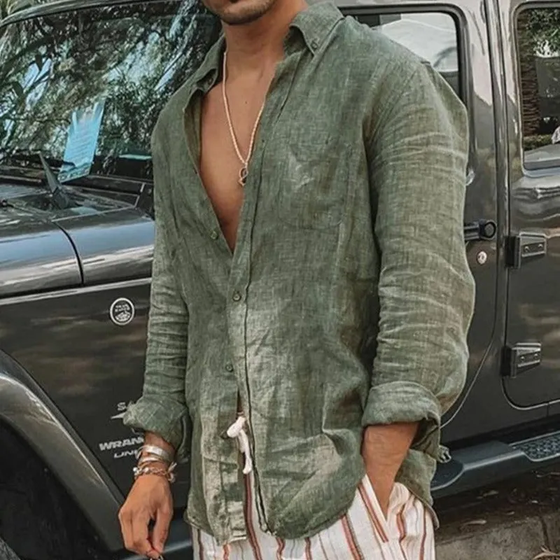 Men's Long Sleeve Linen Beach Shirt for Casual Wear