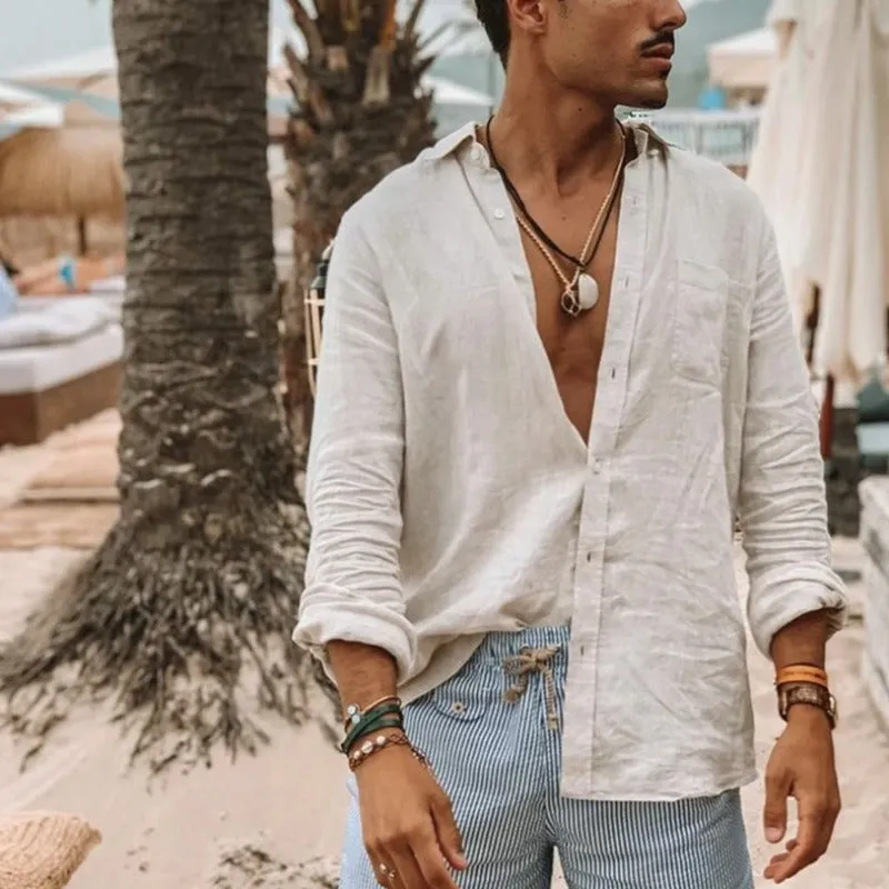 Men's Long Sleeve Linen Beach Shirt for Casual Wear