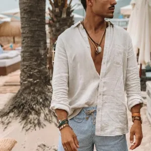 Men's Long Sleeve Linen Beach Shirt for Casual Wear