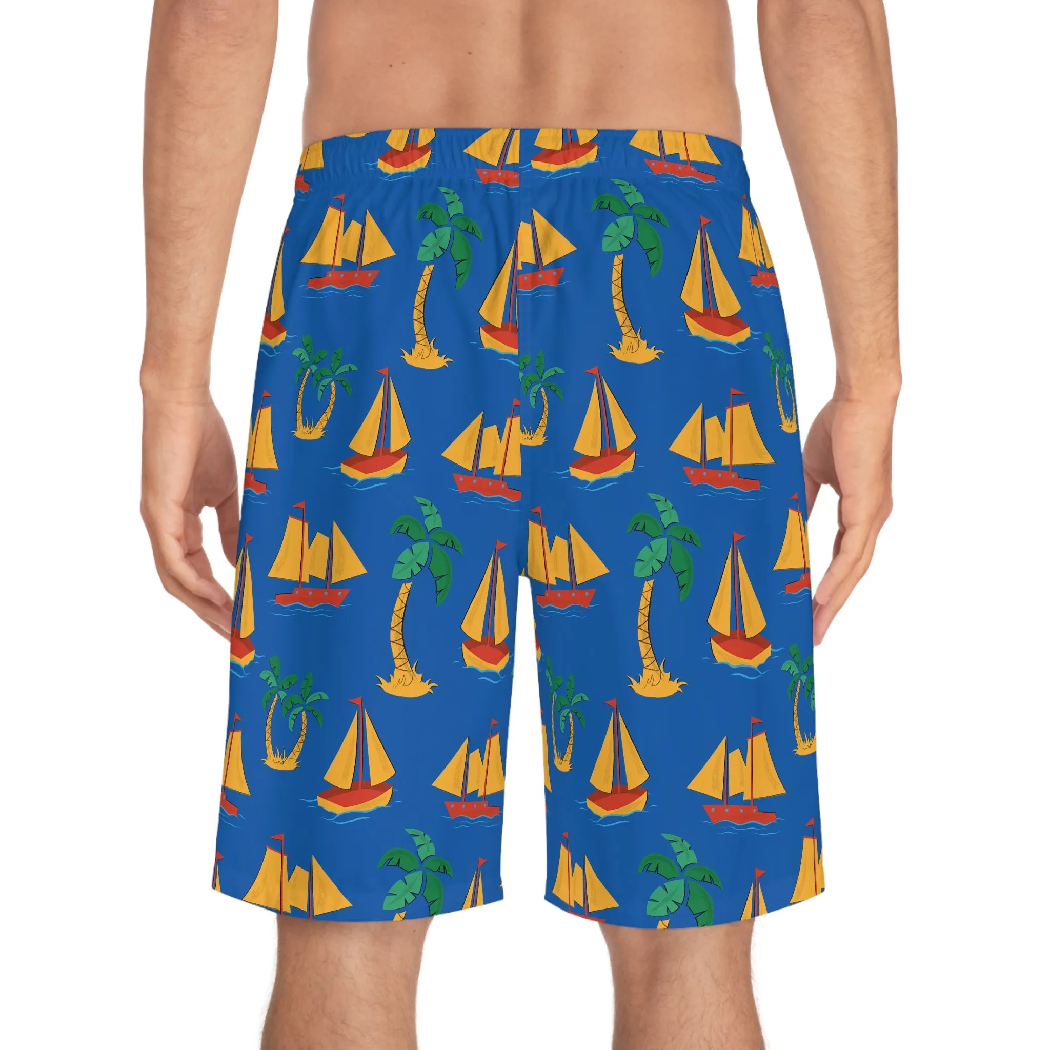 Men's Sailboat Print Board Shorts - Tropical Summer Swimwear