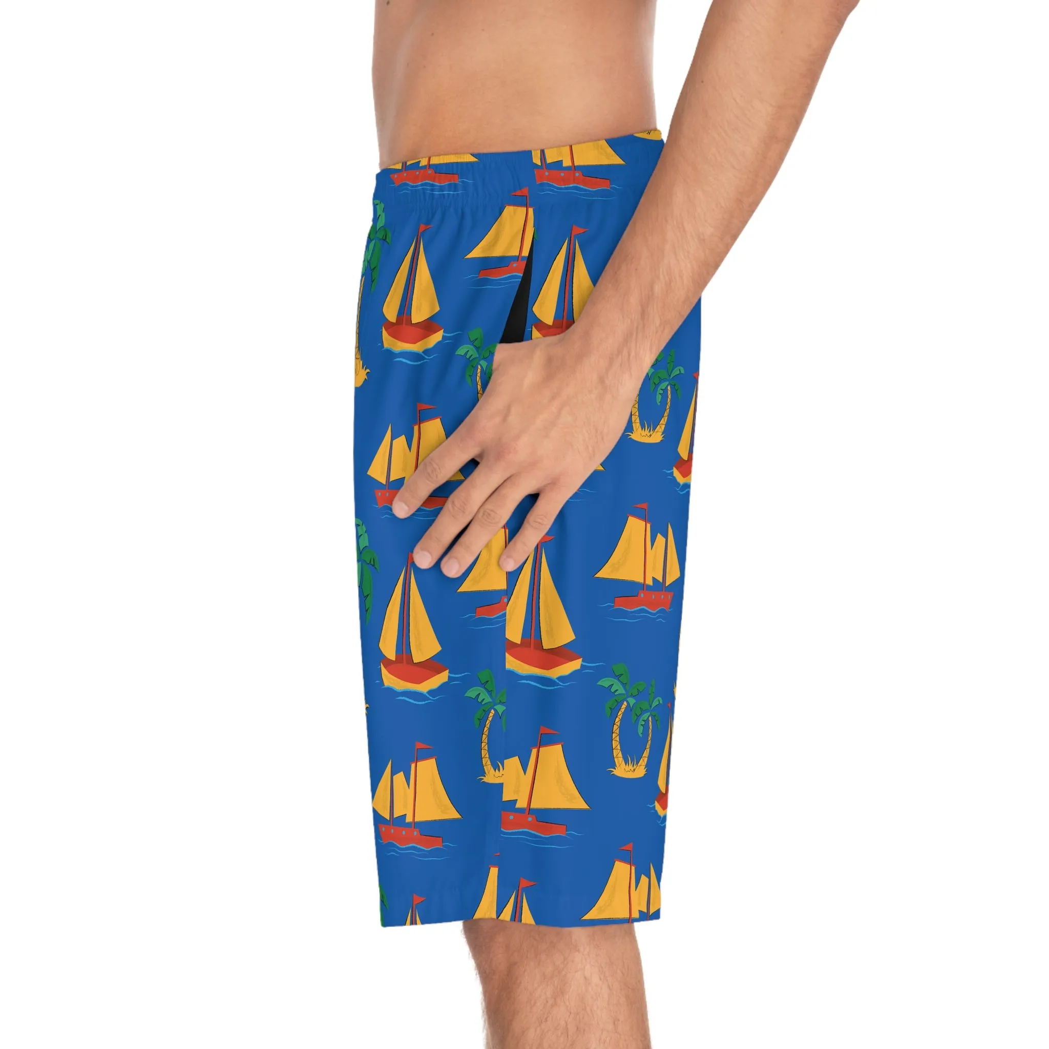 Men's Sailboat Print Board Shorts - Tropical Summer Swimwear