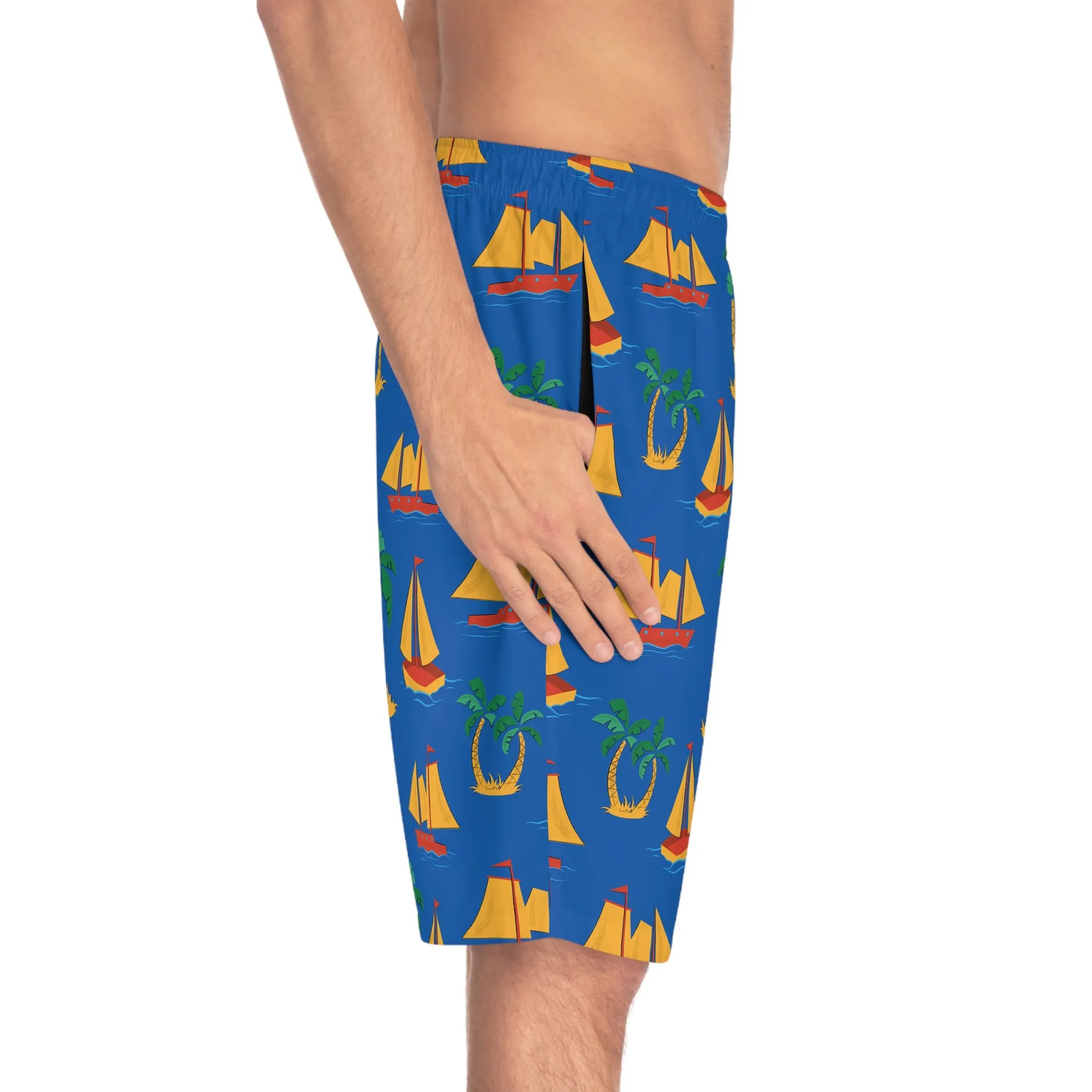 Men's Sailboat Print Board Shorts - Tropical Summer Swimwear