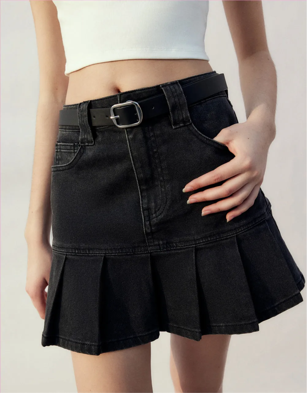 Mini A-Line Denim Skirt With Belt