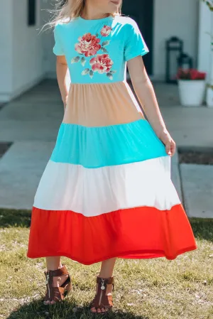 Multicolor Family Matching Floral Color Block Short Sleeve Girl's Maxi Dress