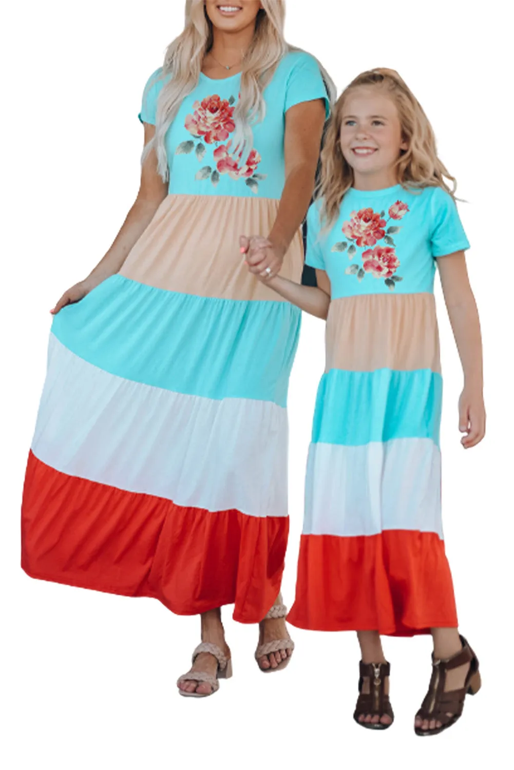 Multicolor Family Matching Floral Color Block Short Sleeve Mom's Maxi Dress