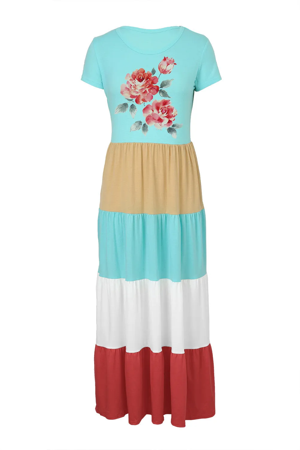 Multicolor Family Matching Floral Color Block Short Sleeve Mom's Maxi Dress