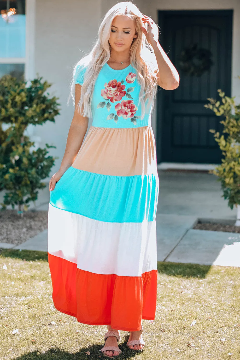 Multicolor Family Matching Floral Color Block Short Sleeve Mom's Maxi Dress