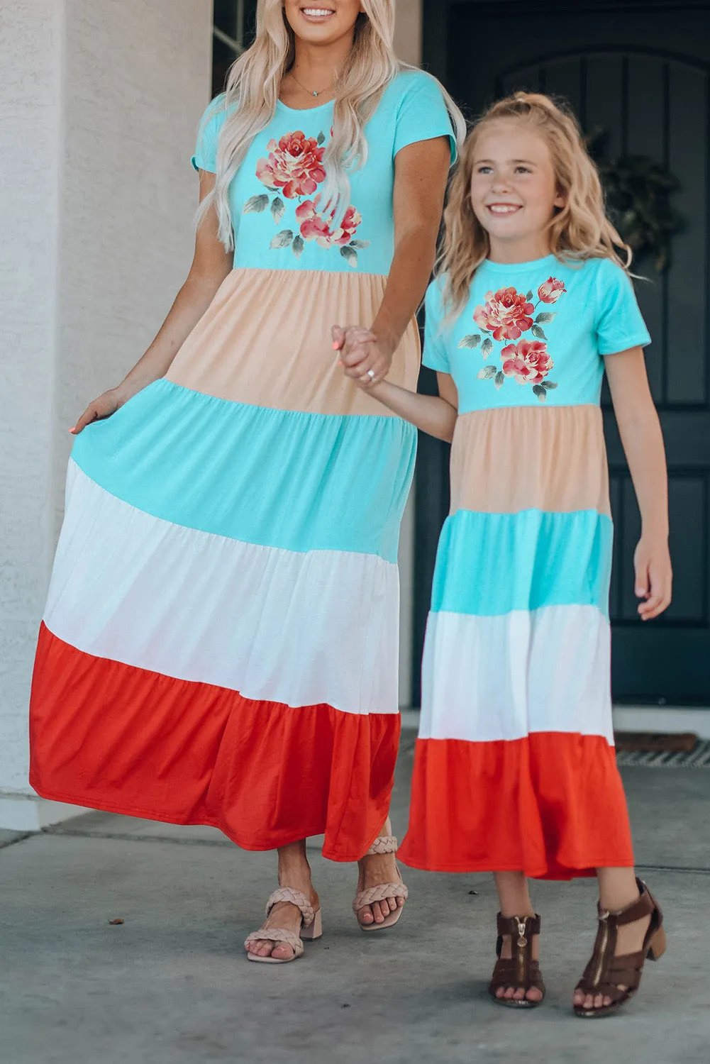 Multicolor Family Matching Floral Color Block Short Sleeve Mom's Maxi Dress
