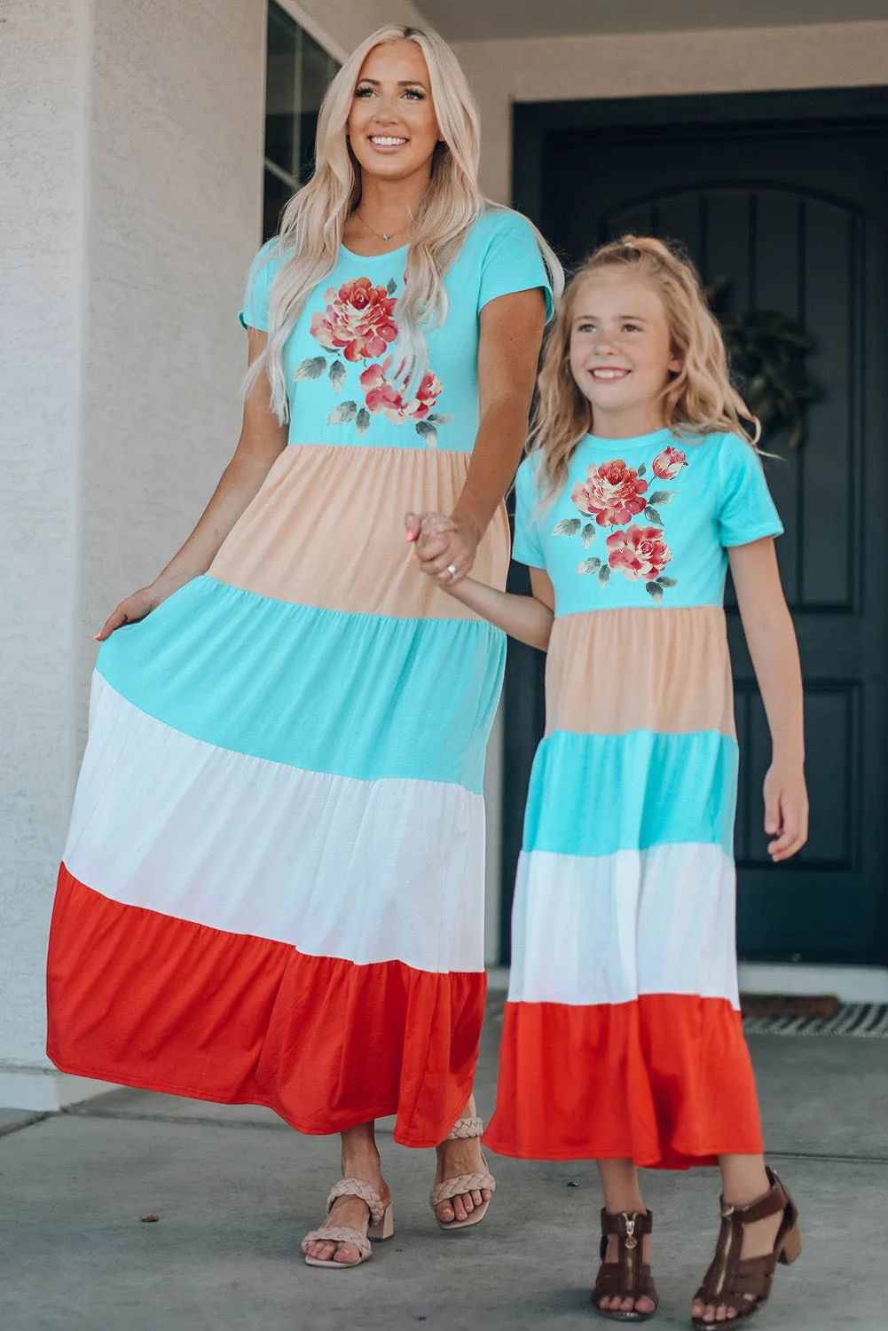 Multicolor Family Matching Floral Color Block Short Sleeve Mom's Maxi Dress