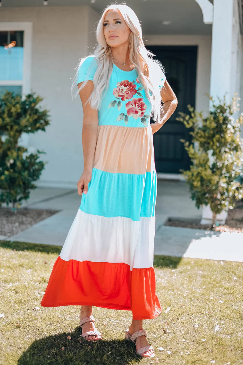 Multicolor Family Matching Floral Color Block Short Sleeve Mom's Maxi Dress