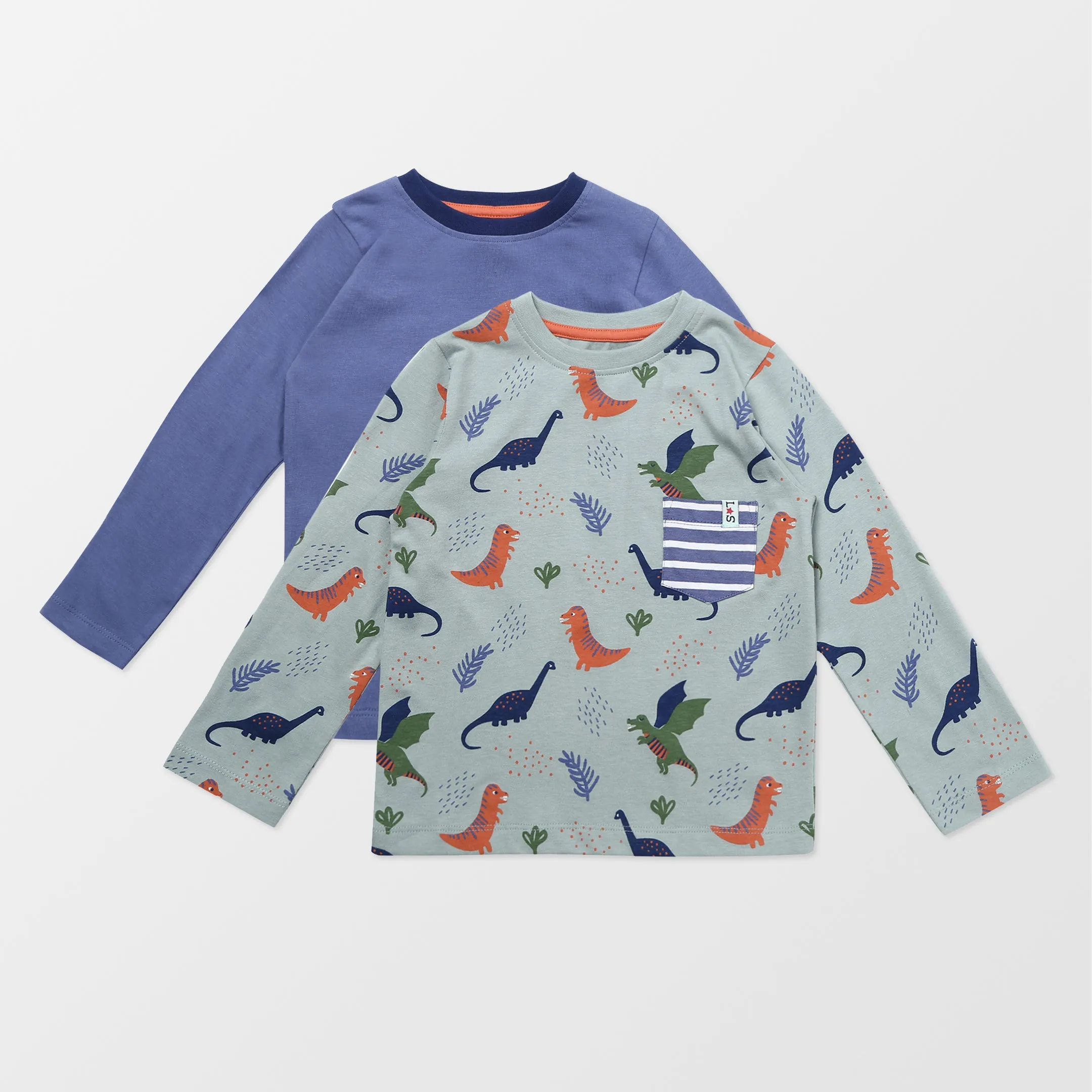 Multicoloured Dinosaur Print And Plain Top - 2 Pack