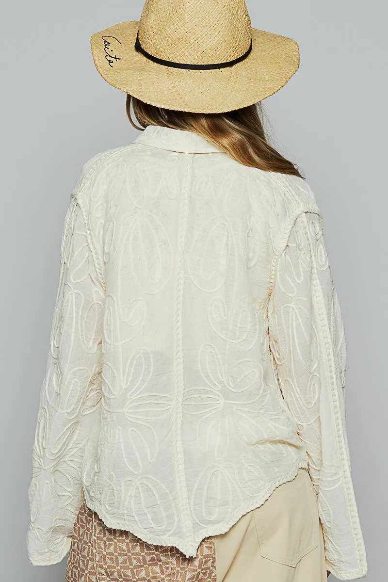 Natural Long sleeve crochet embroidered floral POL shirt