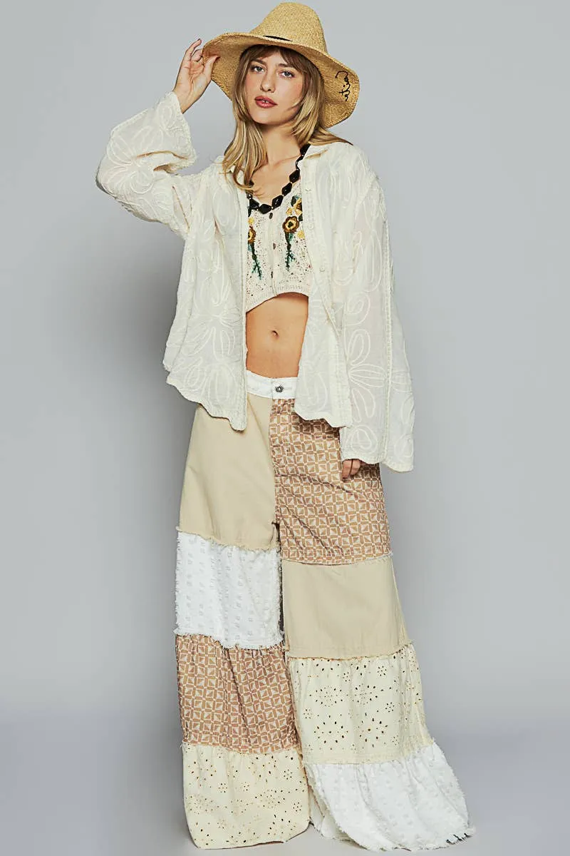 Natural Long sleeve crochet embroidered floral POL shirt