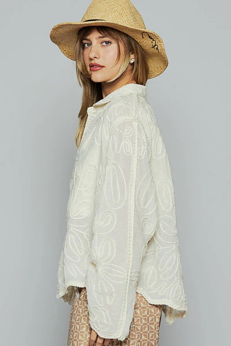 Natural Long sleeve crochet embroidered floral POL shirt