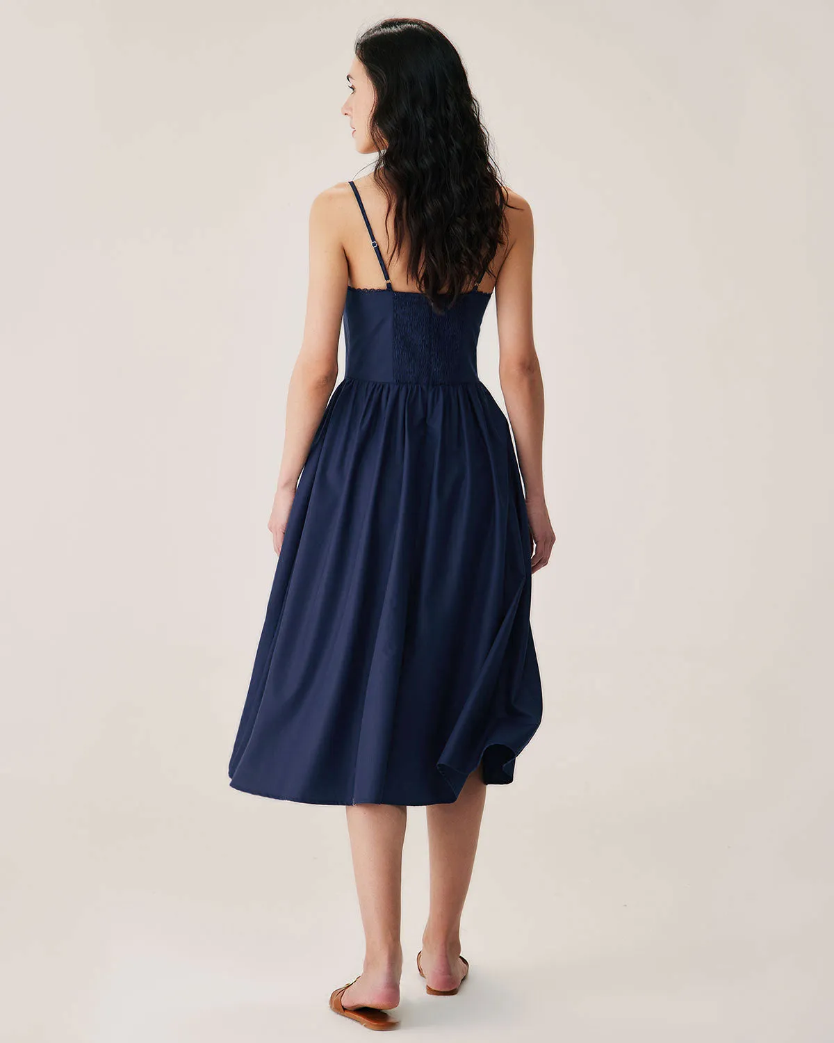 Navy Shirred Slip Midi Dress