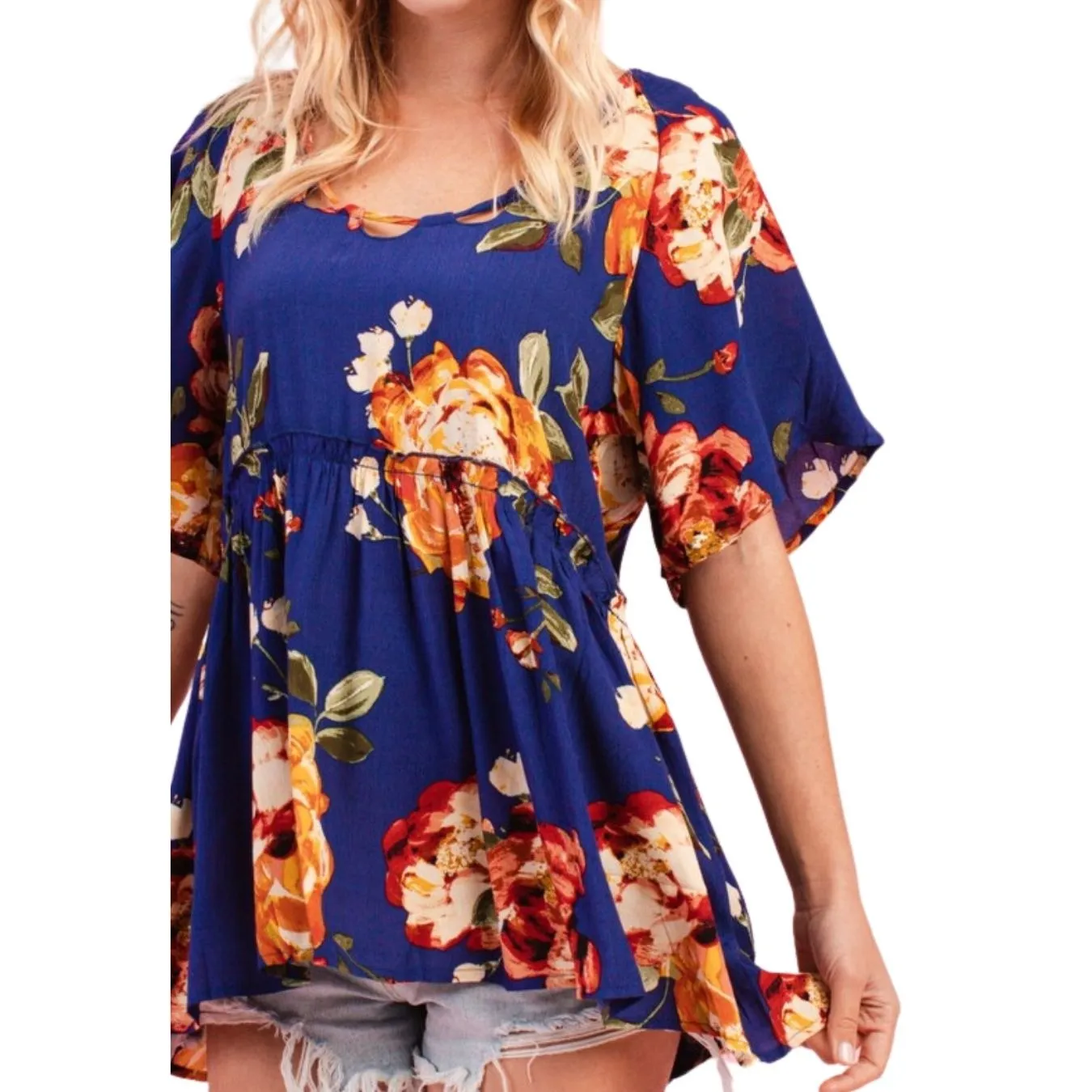 Oddi Royal Blue Flutter Sleeve Floral Baby Doll Top IT12579