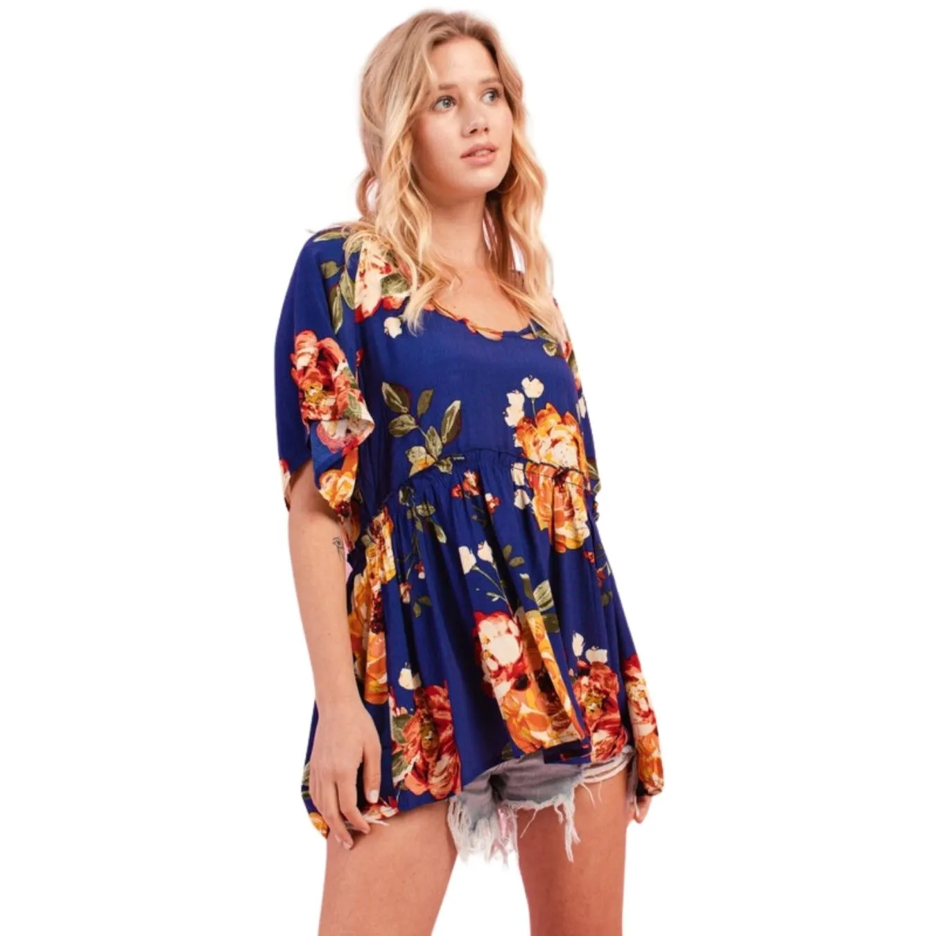 Oddi Royal Blue Flutter Sleeve Floral Baby Doll Top IT12579