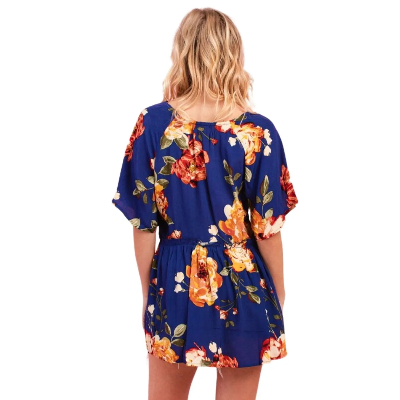 Oddi Royal Blue Flutter Sleeve Floral Baby Doll Top IT12579