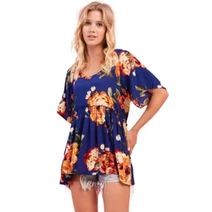 Oddi Royal Blue Flutter Sleeve Floral Baby Doll Top IT12579