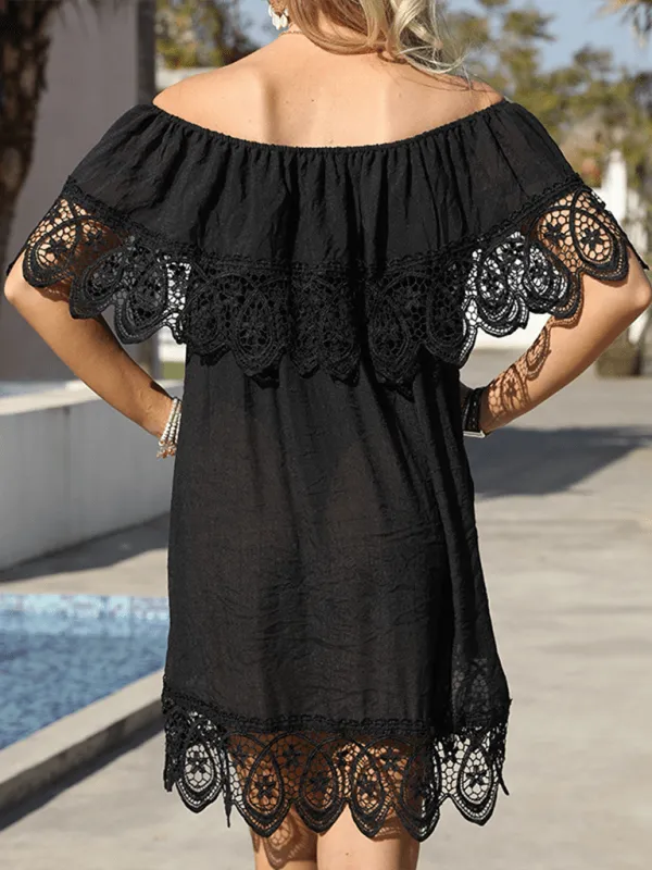 Off-the-shoulder Cape Sleeve Beach Dress Embroidery Stitching Bohemian Beach Bikini Cover-up