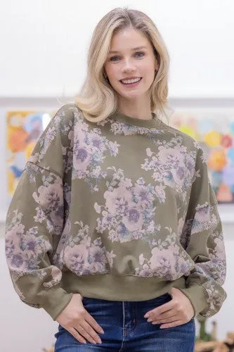 Olive Vintage Floral Crew Pullover