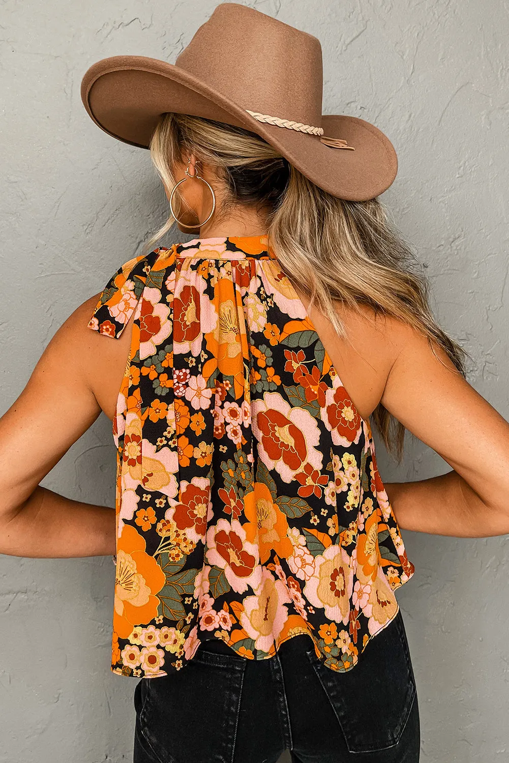 Orange Floral Print Knotted Halter Neck Sleeveless Top