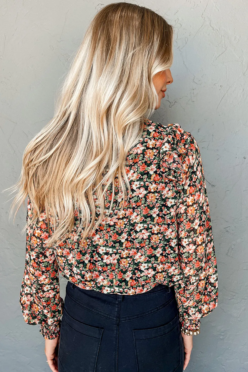 Orange Ruffle Trim Long Sleeve Floral Blouse