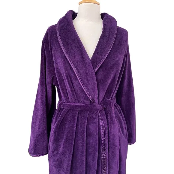 Oscar de la Renta Plush Fleece Satin Trim Calf Length Loungewear Spa Robe-S/M