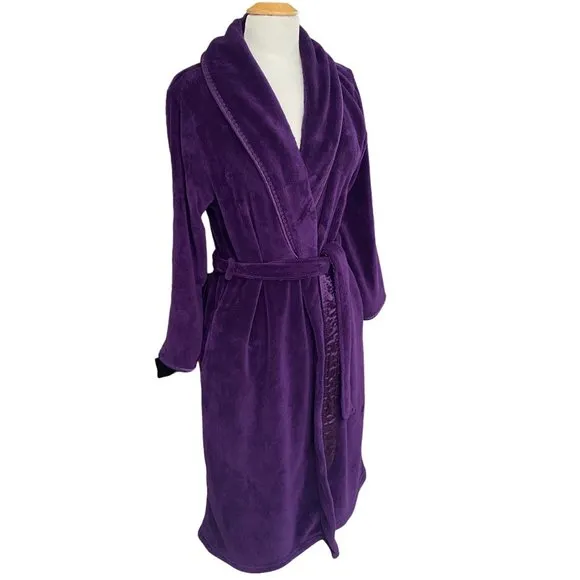 Oscar de la Renta Plush Fleece Satin Trim Calf Length Loungewear Spa Robe-S/M
